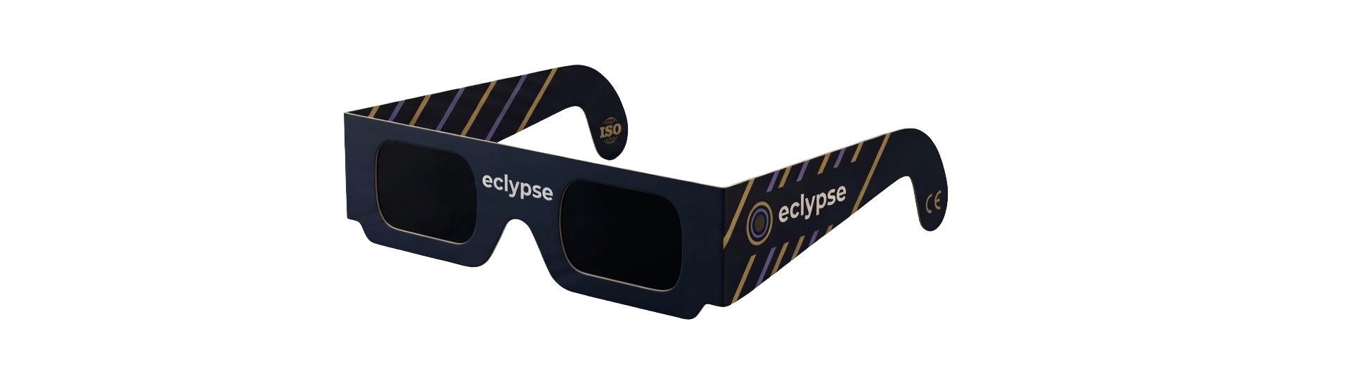 Gafas de eclipse solar modelo Eclipse Dark, montura azul navy, lentes oscuras con reflejo púrpura